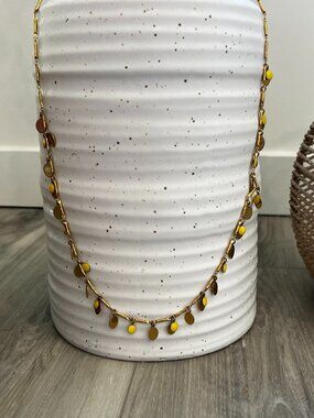 J Crew Fringe Necklace Gold Tone Bamboo Link Yellow Enamel Discs Signed Long 34"